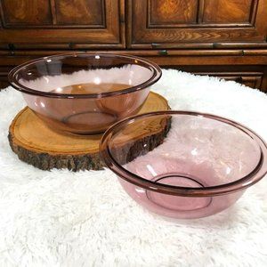 Vintage Set of 2 Pyrex Cranberry Purple Rimmed Bowls 2.5qt & 1.5qt